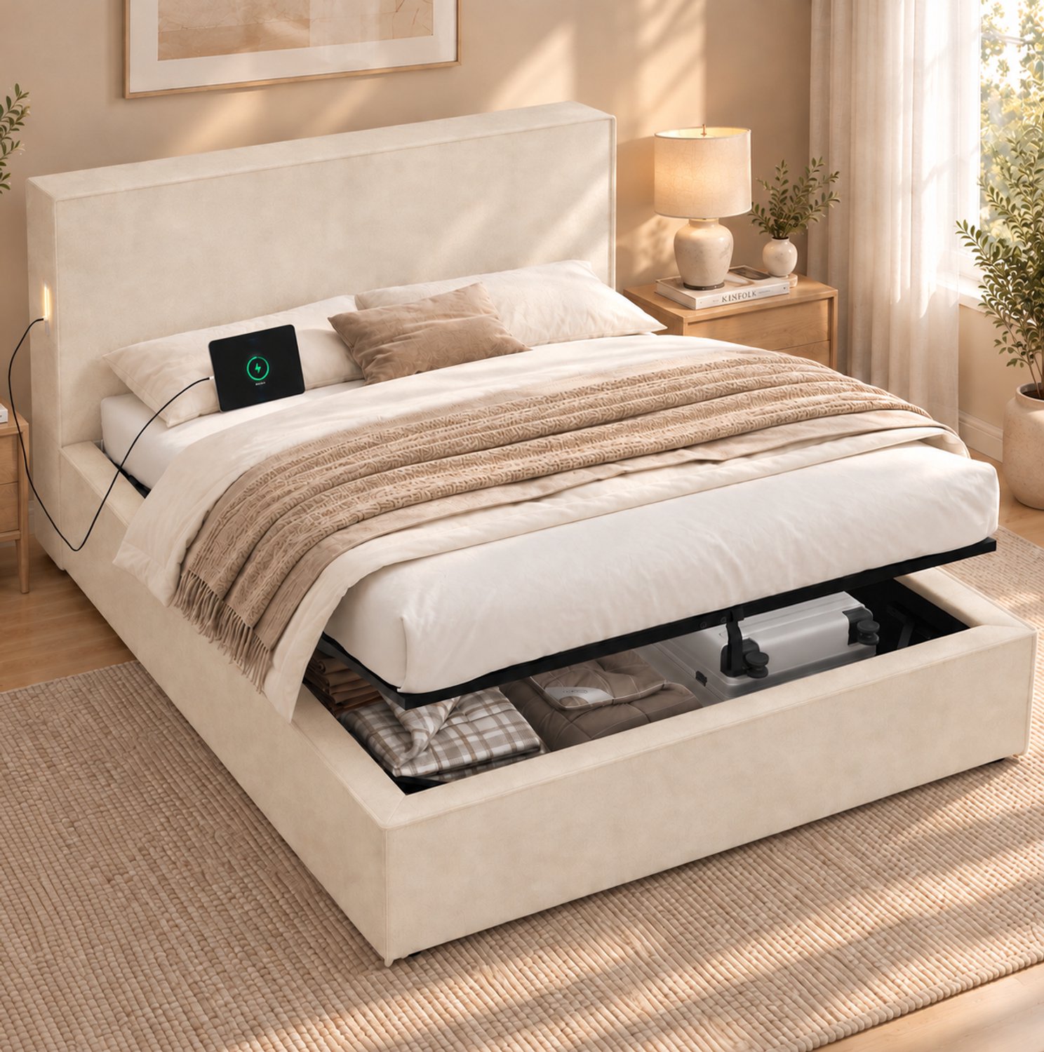 FloraGrace Gestoffeerd Bed 120x200 cm - Hydraulisch Opbergbed Met Lattenbodem - Zonder Matras - Voor Kinderkamer - Chenille - Beige