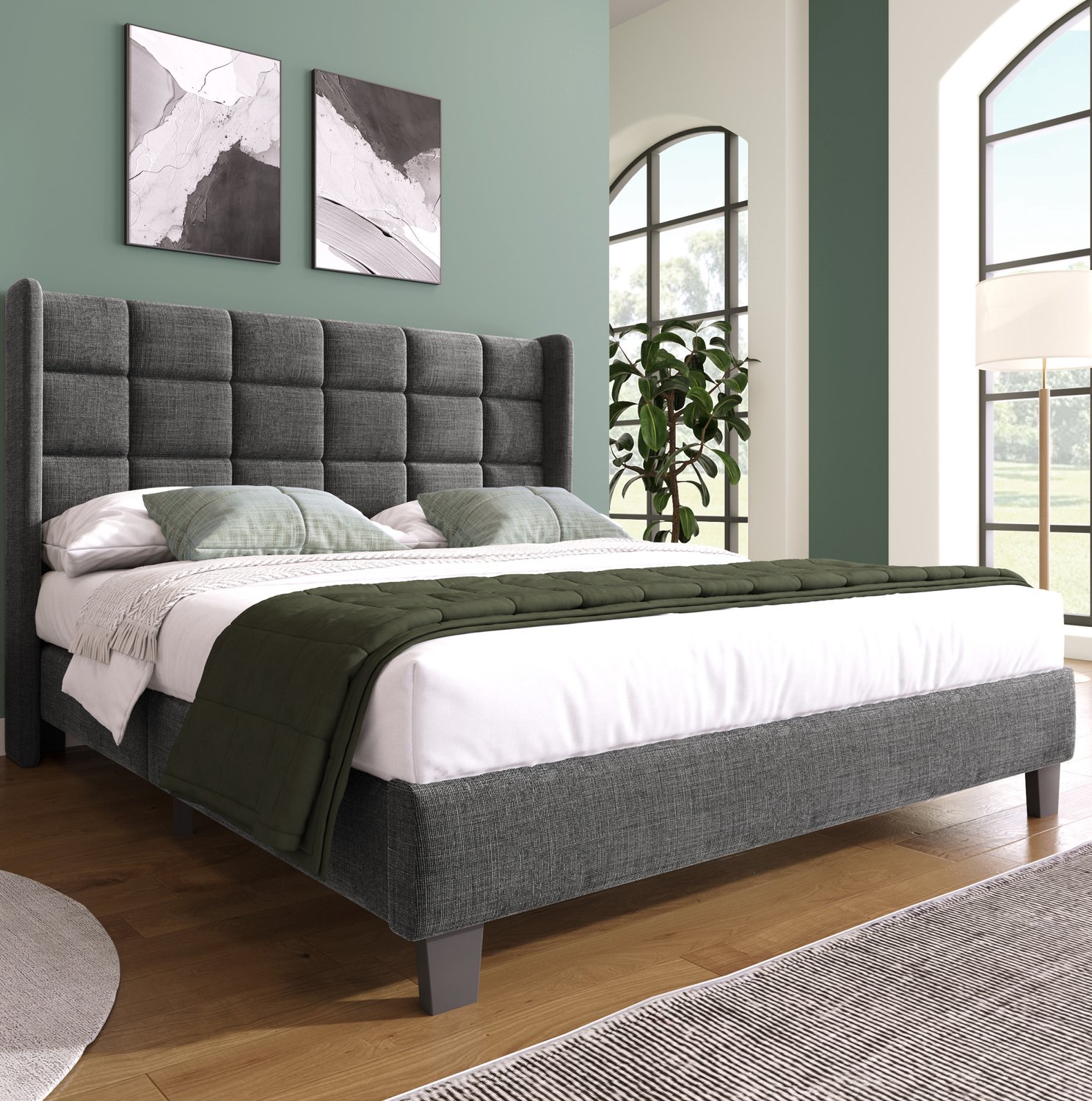 Gestoffeerd tweepersoonsbed 140 x 200 cm met lattenbodem, linnen, grijs