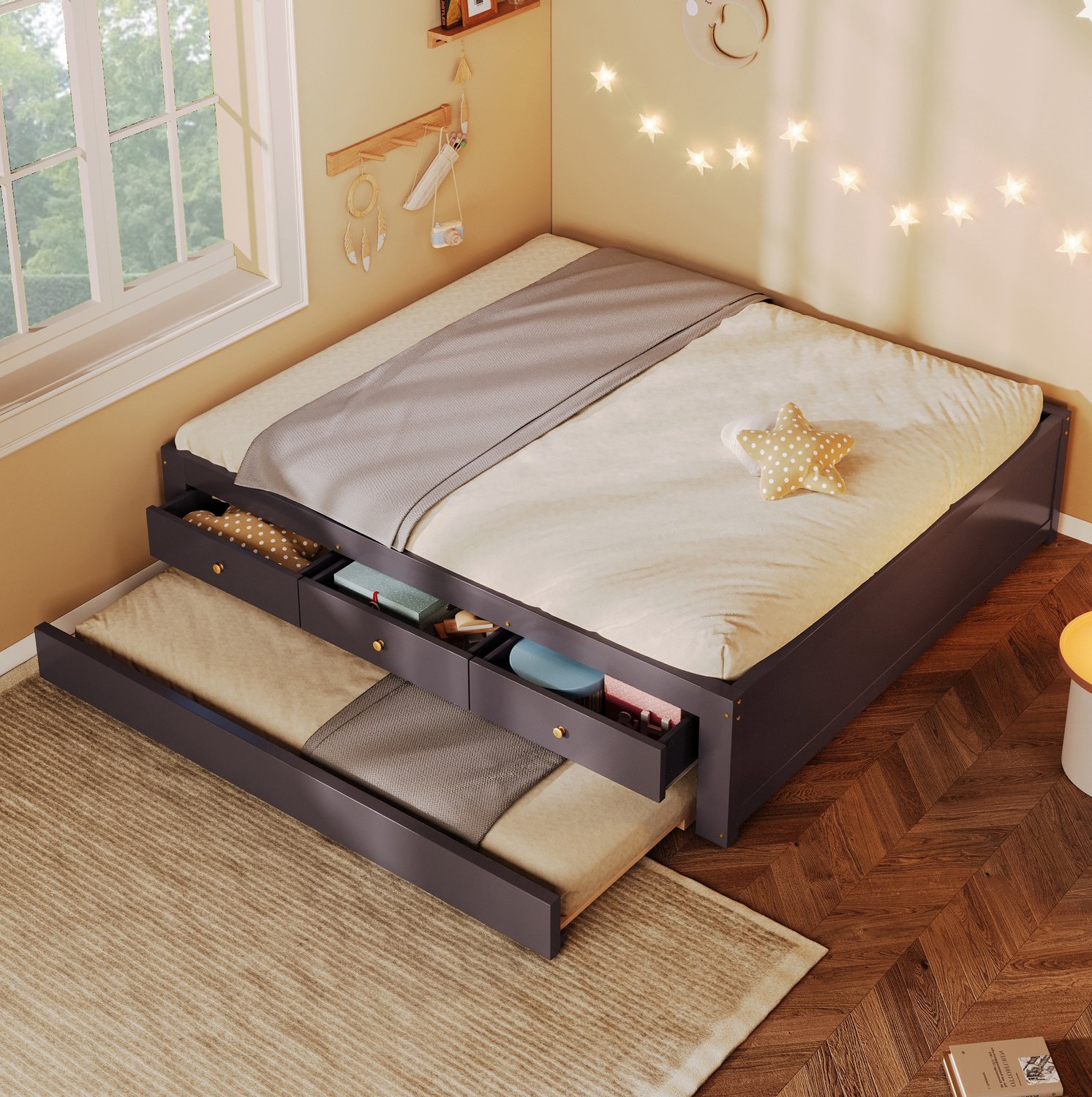 MIVRAY Bed 140x200 cm - Tweepersoonsbed Met Drie Lades En Uittrekbaar Logeerbed - Zonder Matras - Hout En MDF - Koffiekleur Koffiebruin