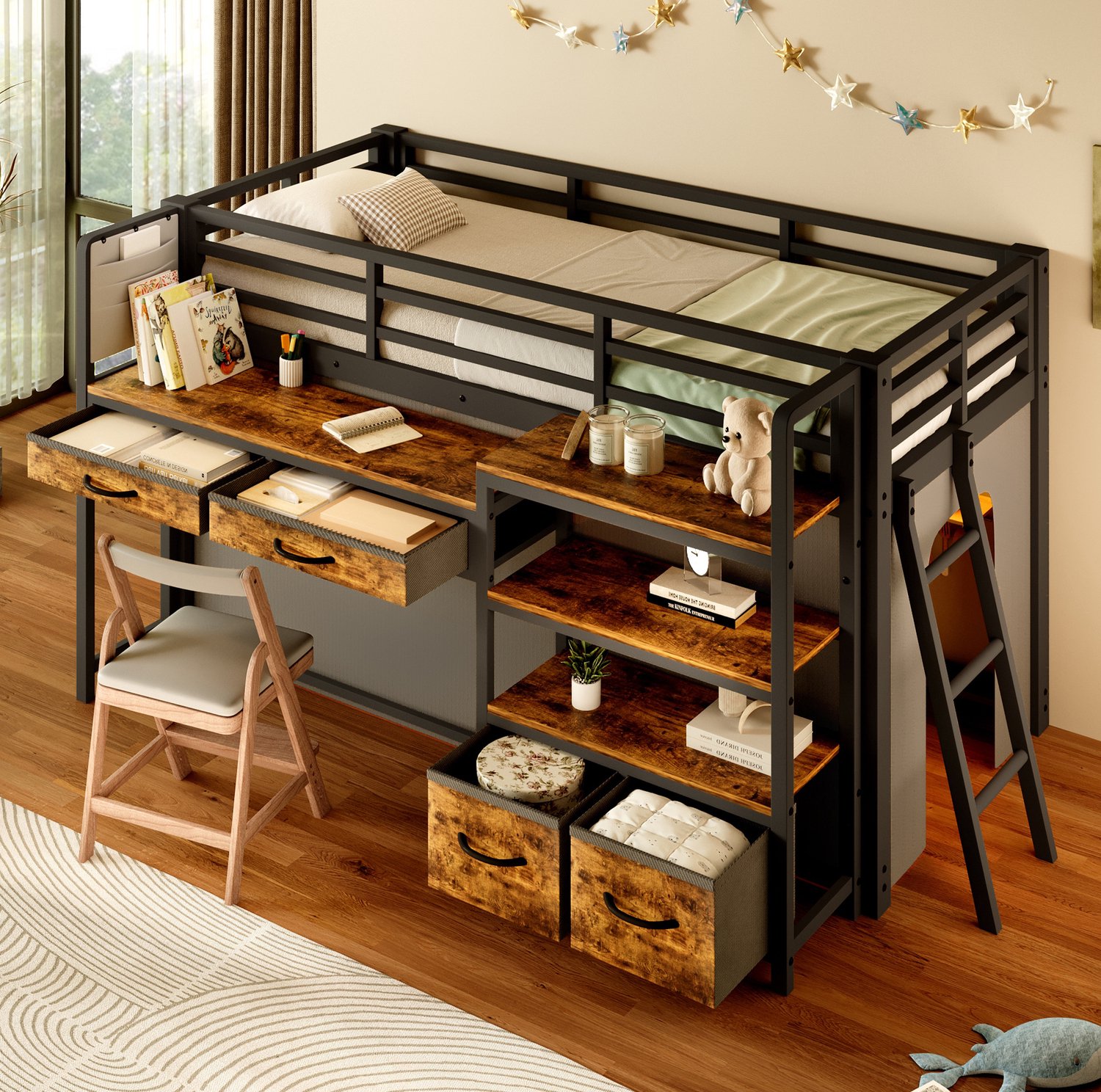 MIVRAY Hoogslaper 90 x 200 cm - Met Bureau, Opbergruimte en LED-Verlichting - Zonder Matras - Voor Kinderkamer - Metaal en MDF - Zwart