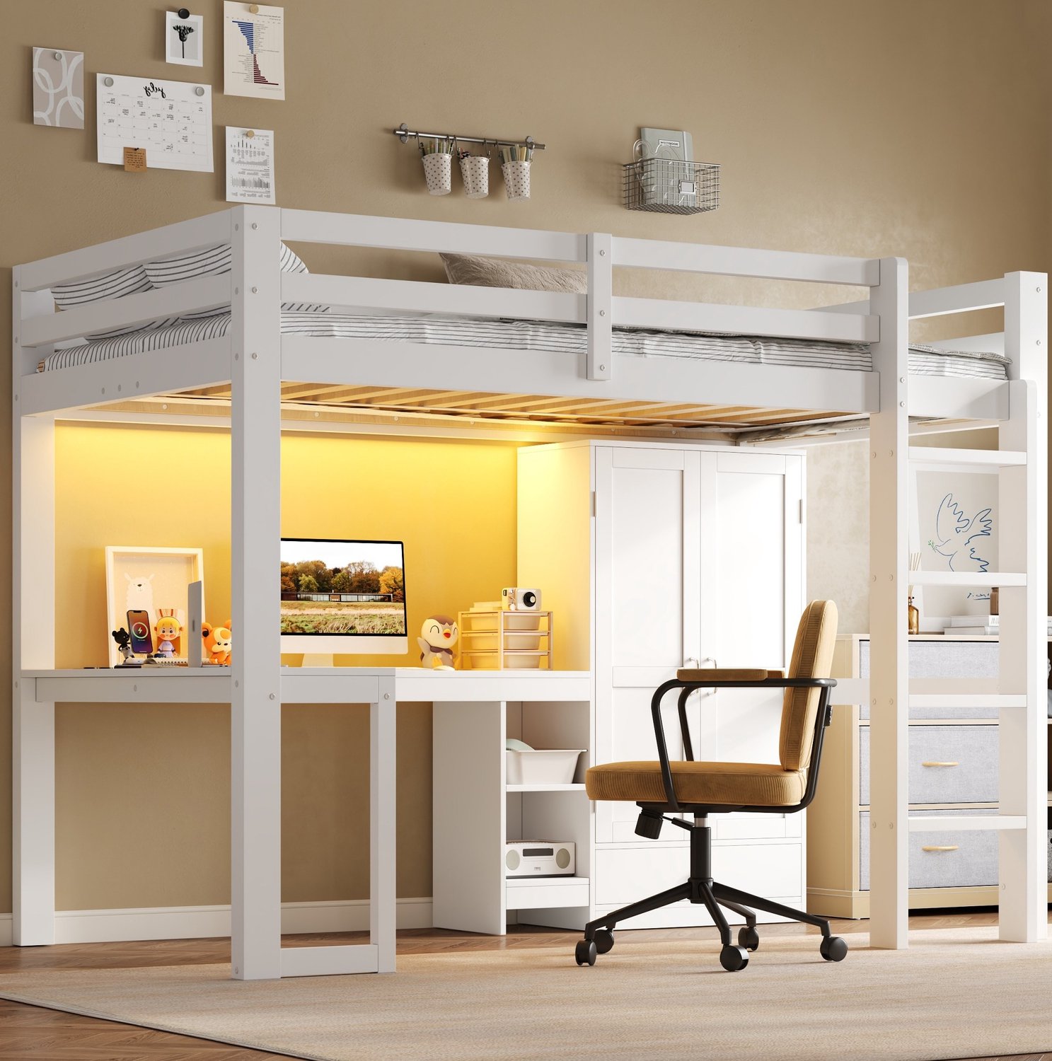 MIVRAY Hoogslaper 90x200 cm - Met Bureau, Kledingkast, USB Aansluiting En Ledverlichting - Zonder Matras - Hout En MDF - Wit