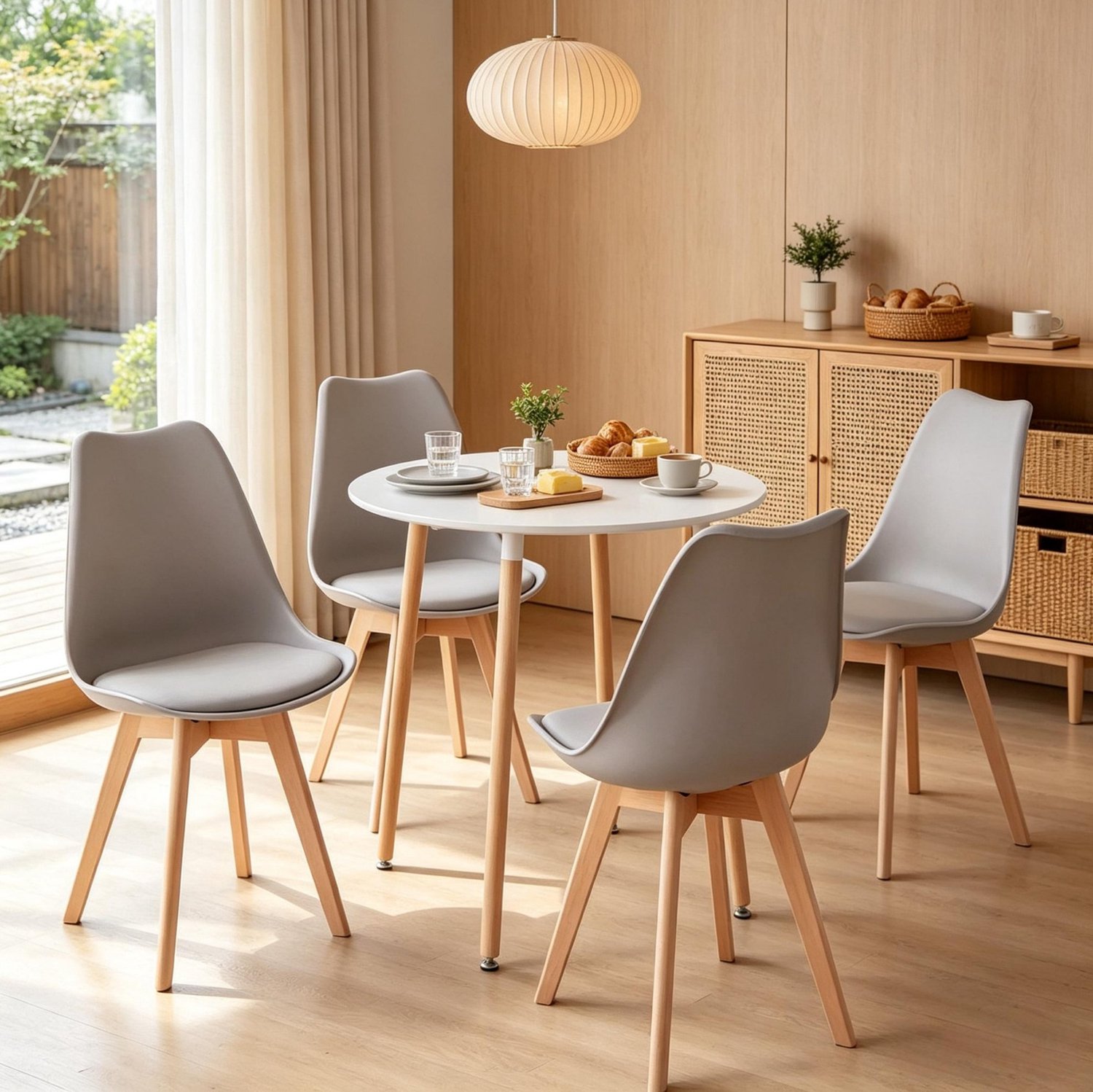 OKWISH Eettafelset 80 x 80 x 75 Cm - Ronde Tafel Met 4 Stoelen - Voor Keuken En Eetkamer - Hout En Kunststof - Grijs Wit Hout