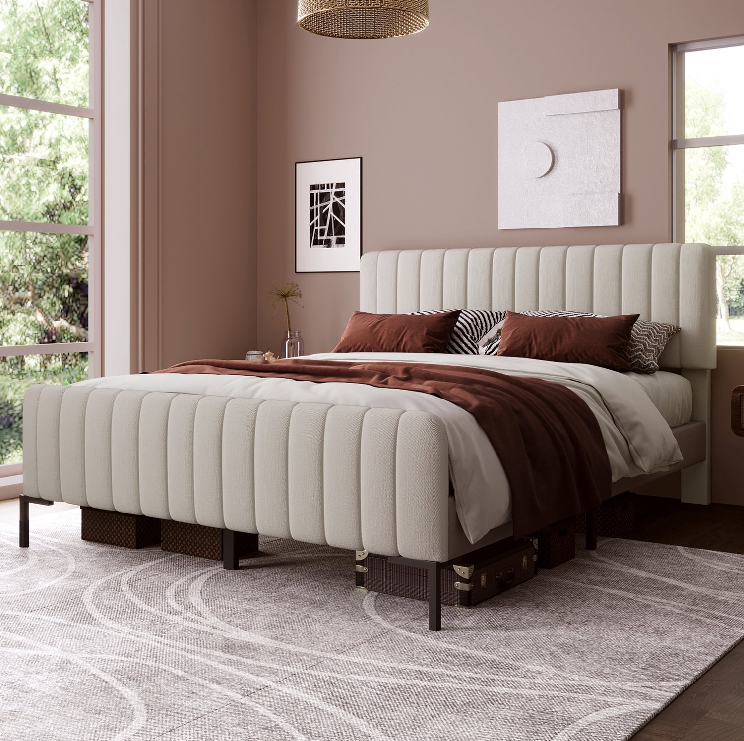 MIVRAY Gestoffeerd Tweepersoonsbed 140x190 cm - Verstelbaar Hoofdeinde met Lattenbodem - Zonder Matras - Stof - Licht Beigegrijs