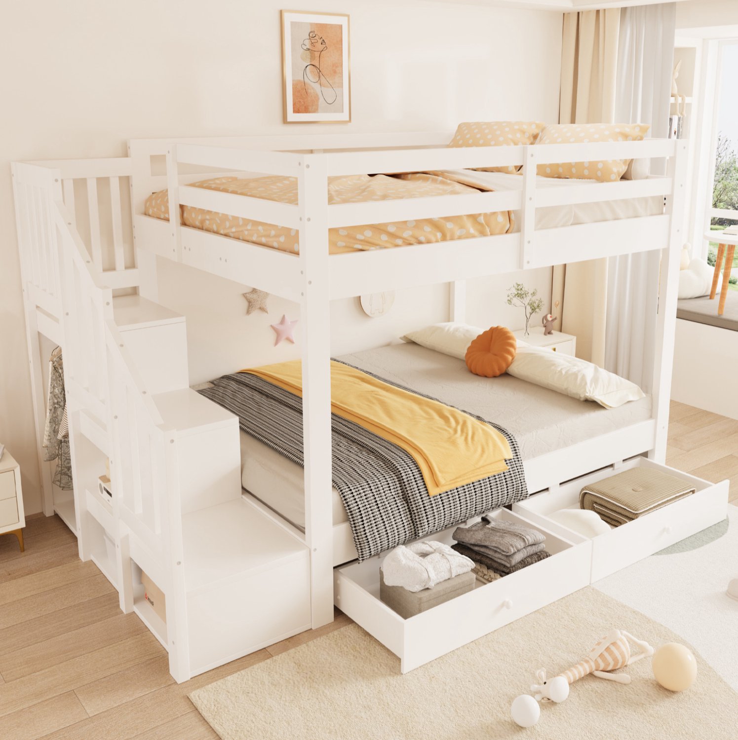 MODENUIT Stapelbed – Opbergtrap – 140 x 200 cm – Hout en MDF – Wit – Met Twee Laden en Lattenbodems