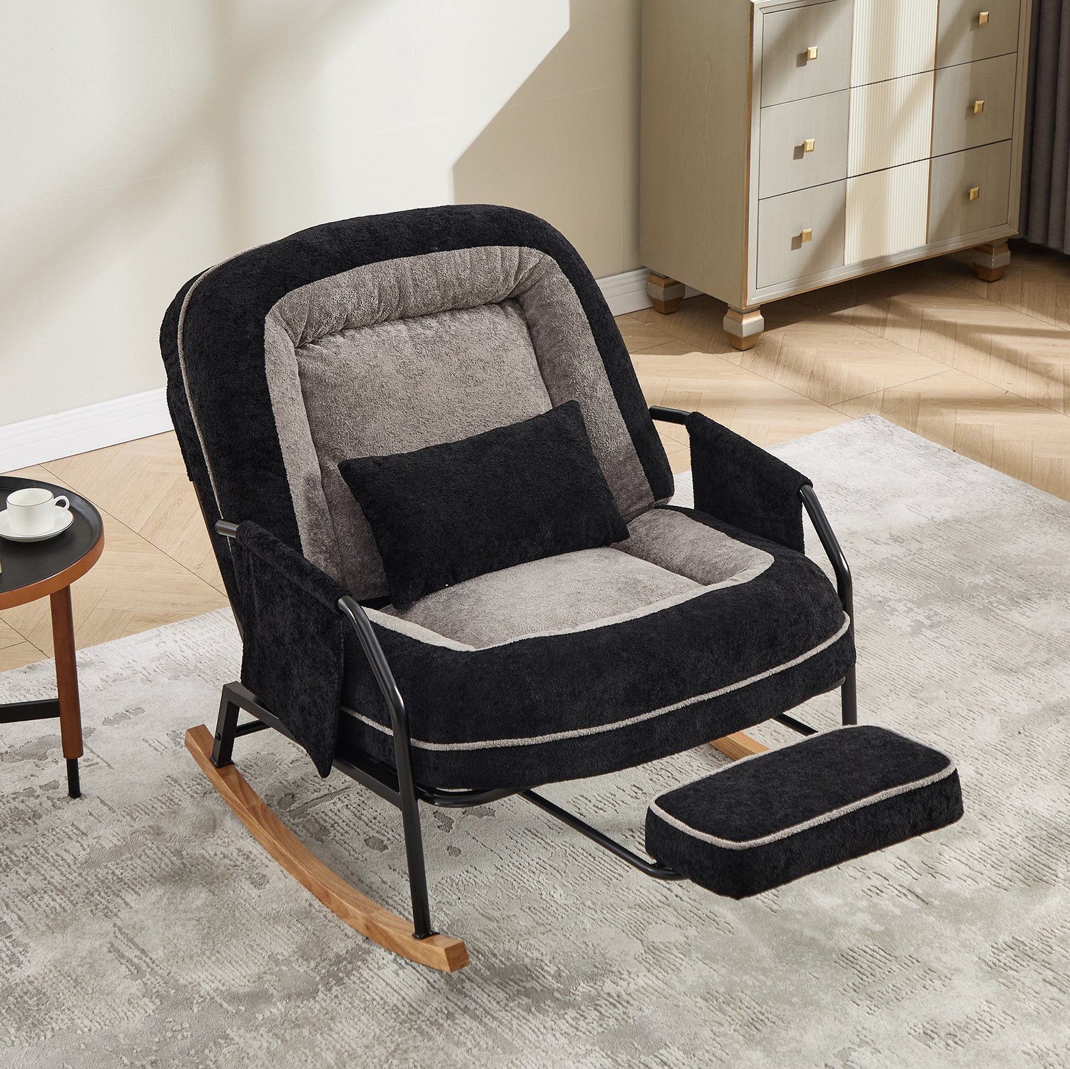 OKWISH Schommelstoel 80 x 87 x 95 cm - Verstelbare Rugleuning En Uitschuifbare Voetensteun - Woonkamer Balkon - Stof - Zwart Grijs Zwart/Grijs