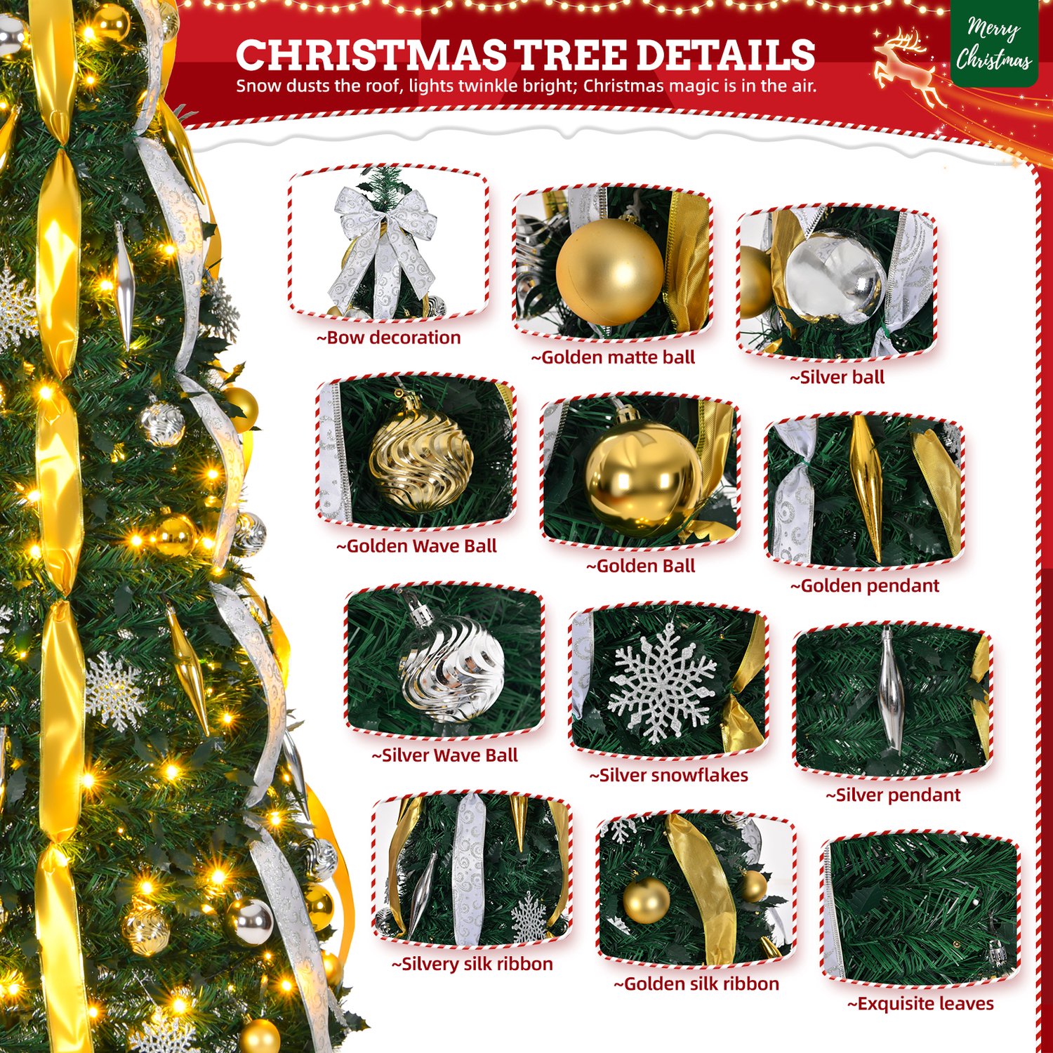 Pop-up Kerstboom 180 cm met 150 LED - 8 Lichtmodi - Goud & Zilver - Inclusief Kerstballen & Linten - Opvouwbaar - NAIZY – foto 5