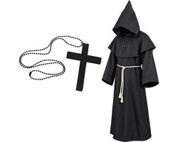 Glimz Monnikenkostuum zwart 130 cm - Lange monnikspij met capuchon, taillekoord en kruisketting