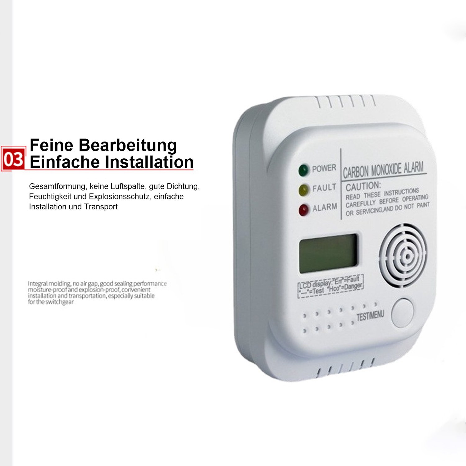Koolmonoxidemelder met lcd-display en elektrochemische sensor, alarm >85 dB