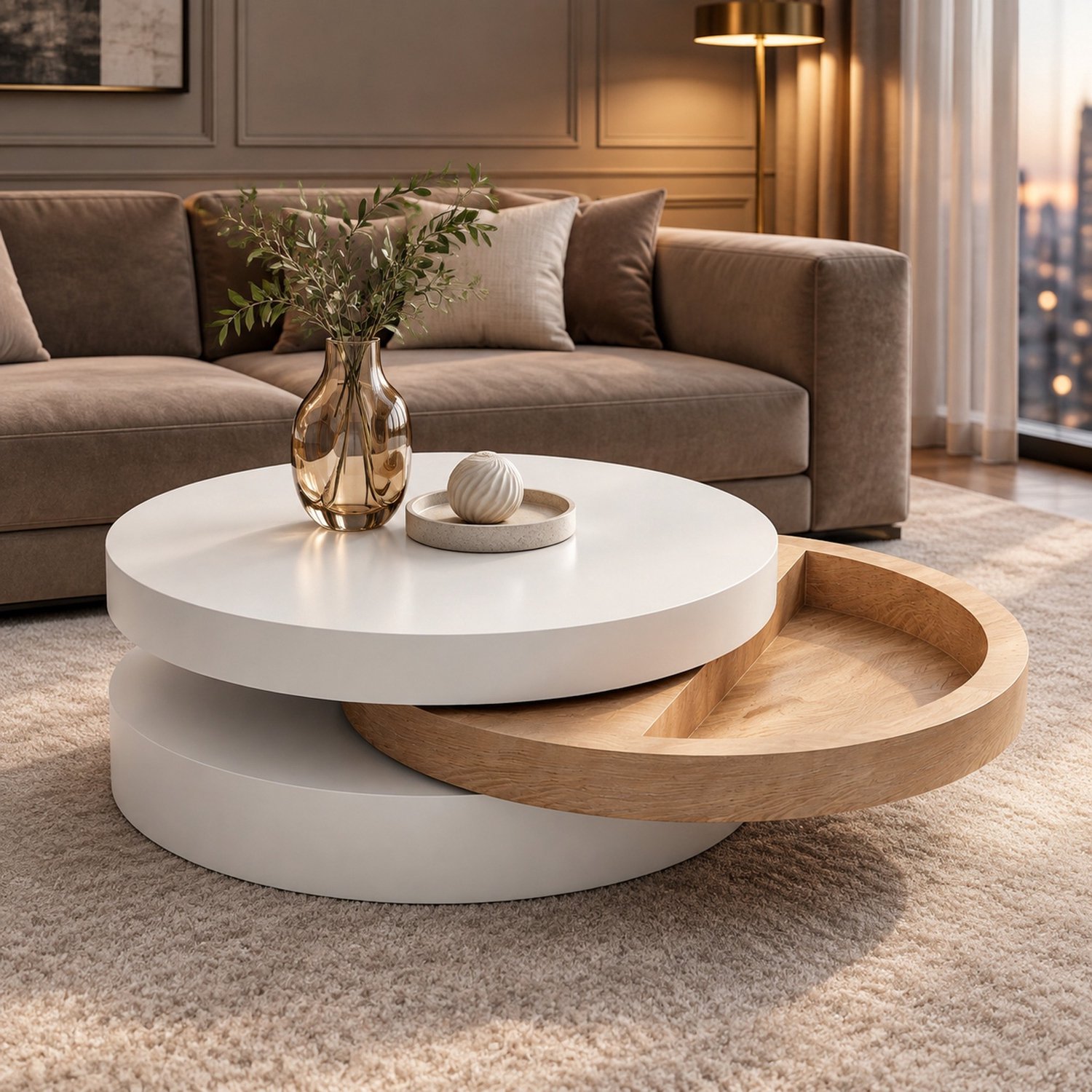 Maisentiel Ronde salontafel 60 cm – 360° draaibaar en uitbreidbaar – MDF, wit/naturel Wit en naturel