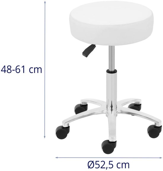 Witte kruk met verchroomd onderstel, zwenkwielen en hoogtemaat 48-61 cm en diameter 52,5 cm.