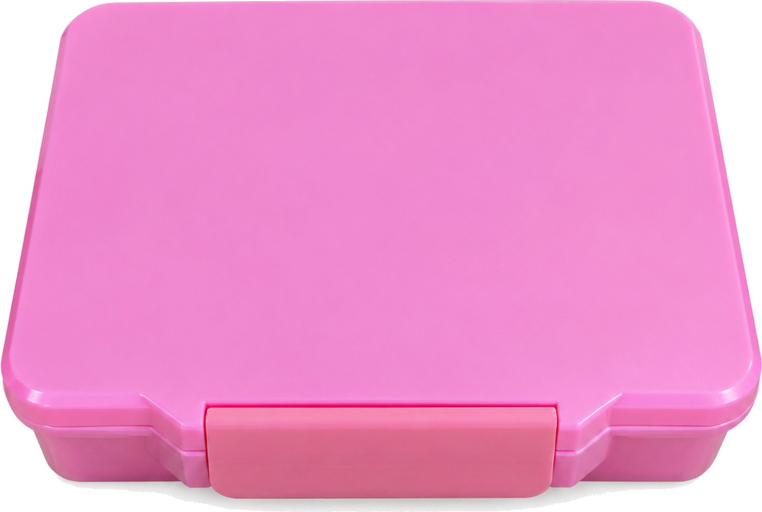 Roze rechthoekige broodtrommel met 4 vakken en sluiting aan de voorzijde verpakkingsmaat 23 × 17 × 5,5 cm