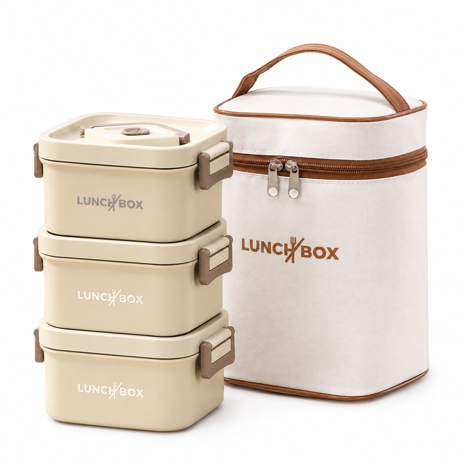 Broodtrommelset van 3 vierkante lunchboxen van 304 roestvrij staal met beige draagtas