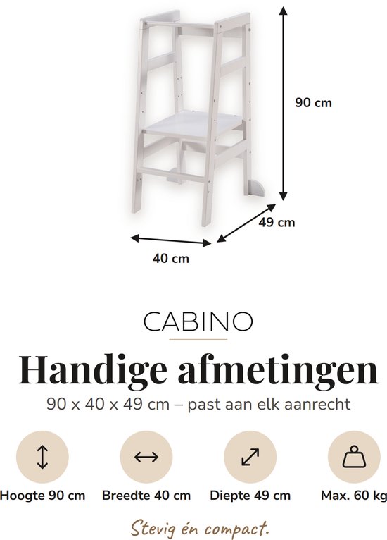 Witte Cabino leertoren met afmetingen van 90x40x49 cm. Stevig en compact.