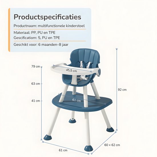 Luxe Multifunctionele kinderstoel - 4-in-1 meegroeistoel - 6 maanden tot 8 jaar - hoge en lage eetstoel - Speeltafelfunctie - tafel met leerstoel - Baby Eetstoel - Peuterstoel voor peuter - tuigje - 5-puntsgordel - blauw — afbeelding 2