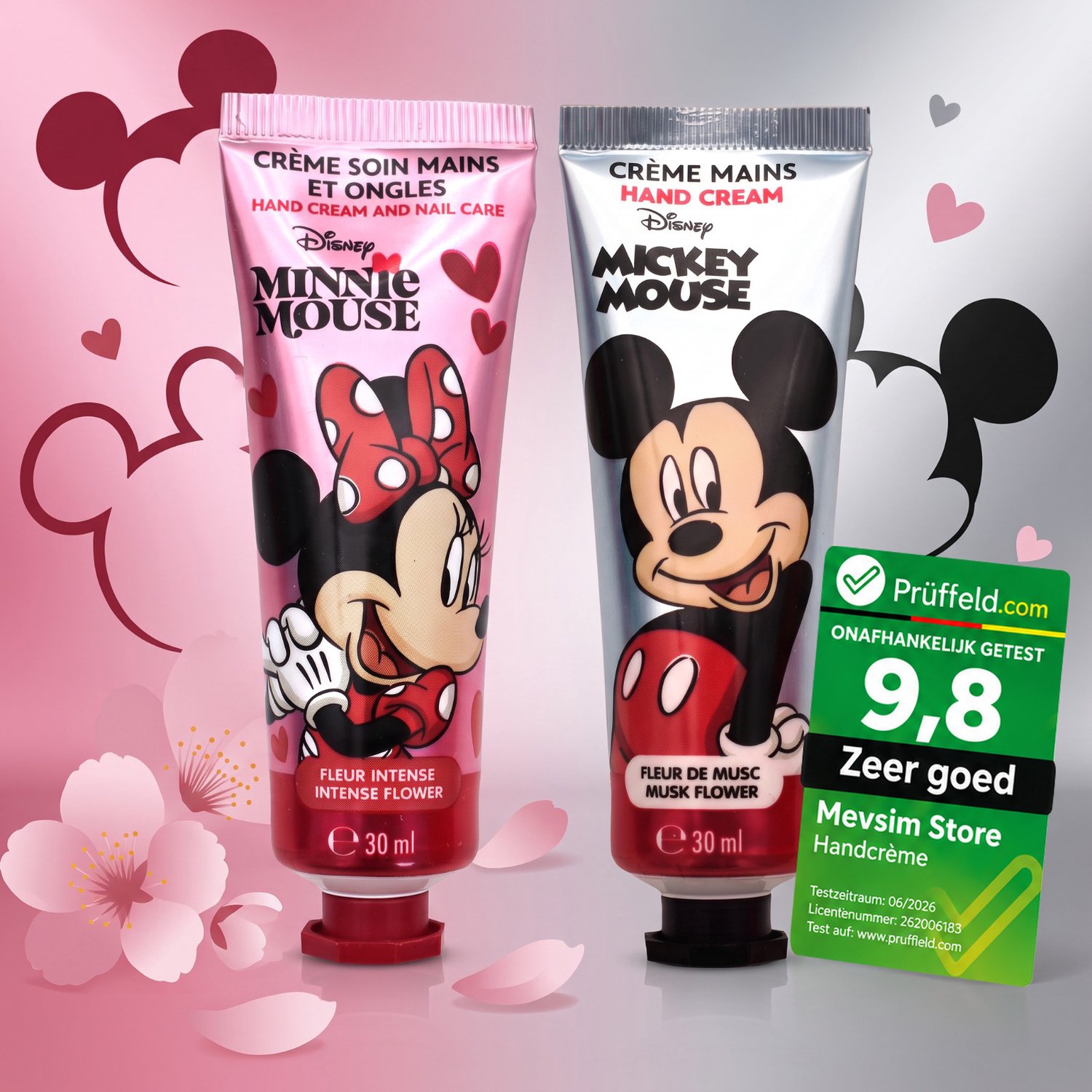 Mickey en Minnie Mouse Handcreme Set - Hand Cream - Hydraterend - Hand en Nagelverzorging - 2 x 30 ml - Vegan - Intense Flower en Musk Flower