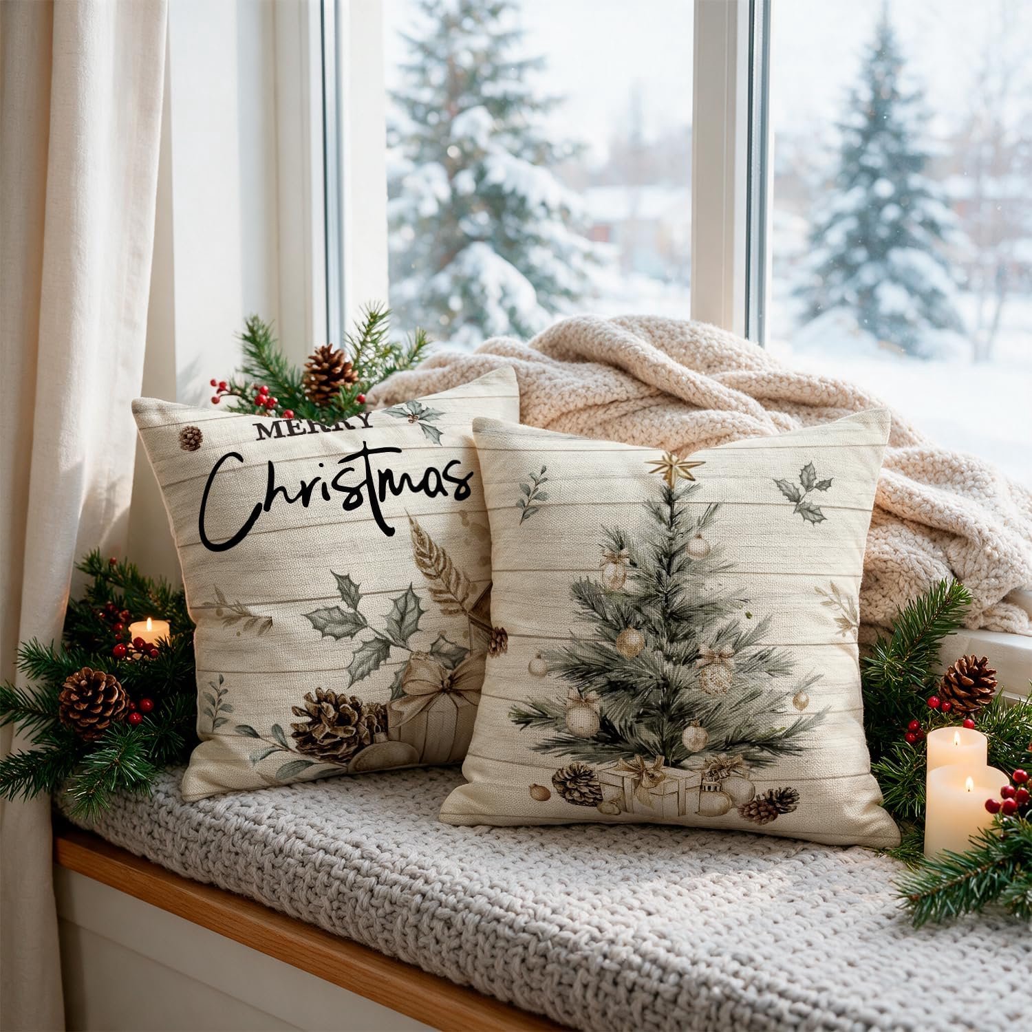 Set van 4 - Kerst kussensloop - Kussenhoes - Kerstkussenslopen - 45 x 45 cm - Kerst decoratie - Kussenhoesjes - Winter vakantie kerstdecoratie - Thuis bank kussen - Binnen decoraties - Voor decoratie Kerstmis, bank, slaapkamer - Polyester - Beige – foto 2