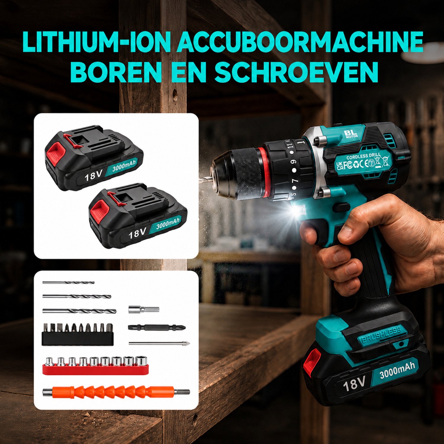 Accu Klopboormachine 18V – Koolborstelloos – 25+3 Instellingen – 2 × 3,0 Ah Accu – Accessoireset – Voor Montage, Hout en Metaal