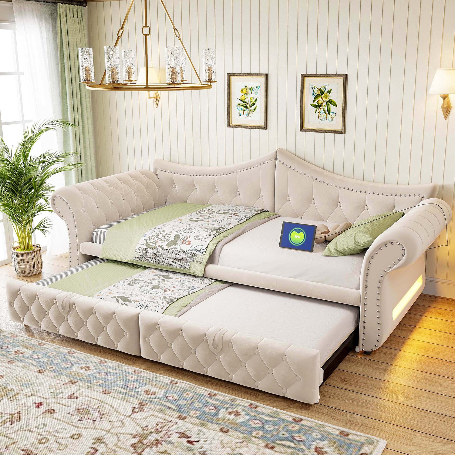 Sweiko Gestoffeerd bed - Slaapbank - 90/180 x 200 cm - Velvet - Met oplaadpoort - LED-verlichting - Beige