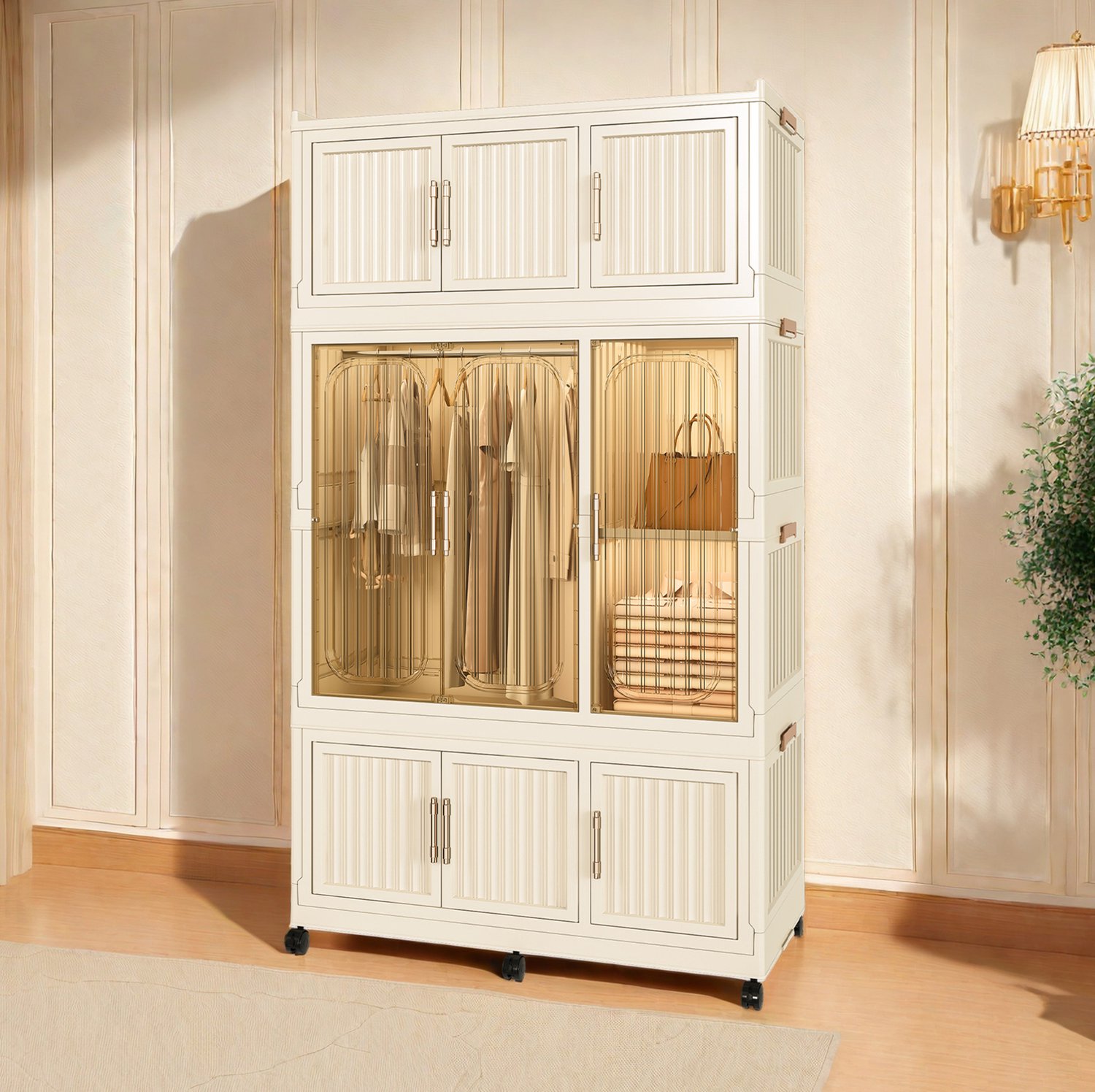 MIVRAY Kledingkast - Opvouwbaar Modulair Met 9 Magnetische Deuren - Voor Slaapkamer En Studentenwoning - Polypropyleen - 92x45x158 Cm - Crèmewit