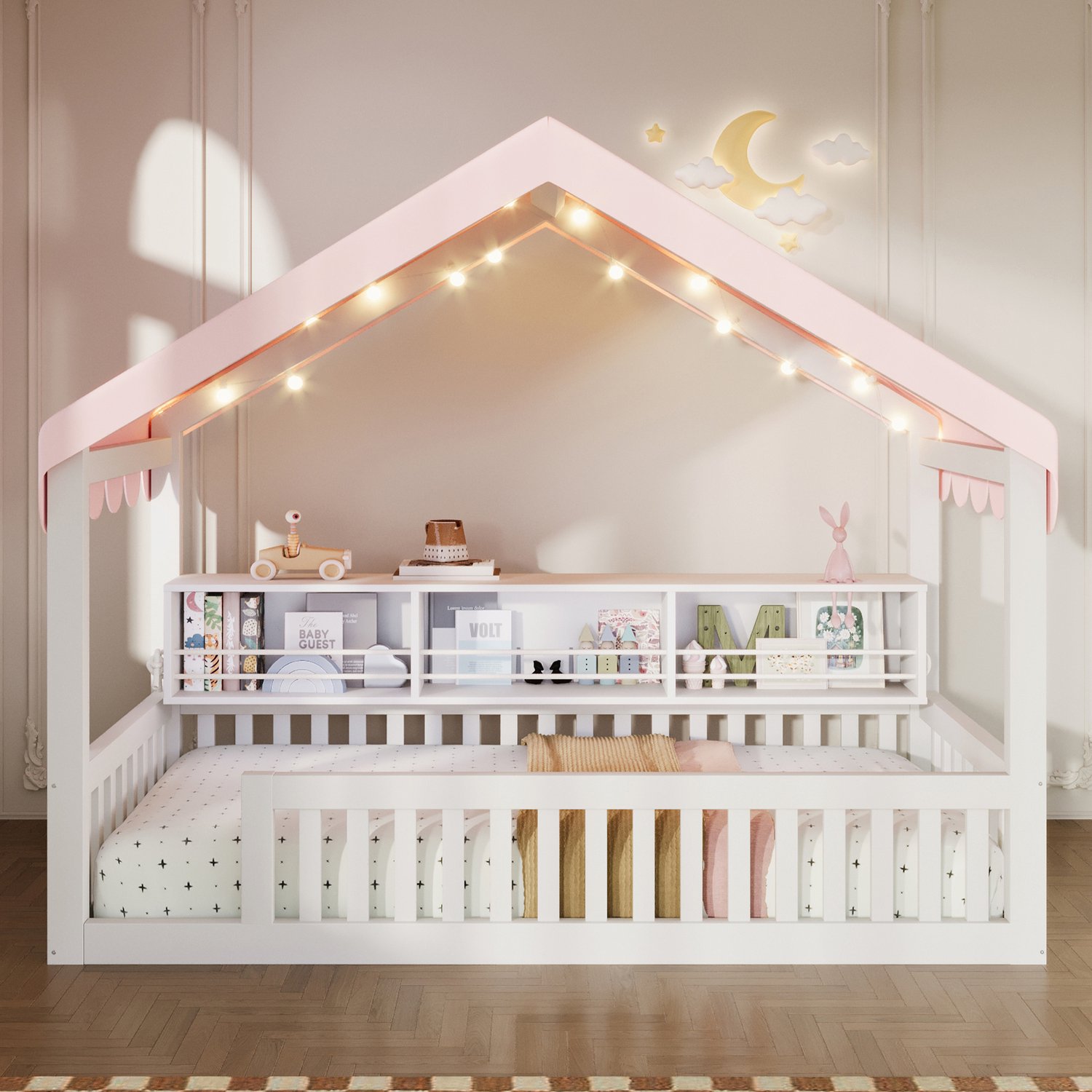 Welltin Kinderbed 90 x 200 cm - Huisbed met Dak en Gordijn - LED-verlichting - Boekenplank - Uitvalbeveiliging - Grenenhout en MDF - Wit