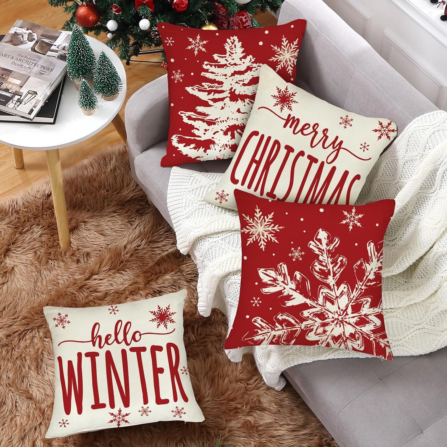 Set van 4 - Kerst kussensloop - Kussenhoes - Kerstkussenslopen - 45 x 45 cm - Kerst decoratie - Kussenhoesjes - Winter vakantie kerstdecoratie - Thuis bank kussen - Binnen decoraties - Voor decoratie Kerstmis, bank, slaapkamer - Polyester - Rood – foto 3