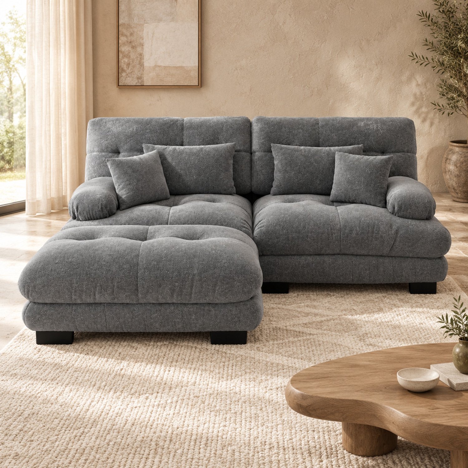WUVRIE Modulaire hoekbank 220x145 cm - Chenille met verplaatsbare ottoman en 4 kussens - Grijs