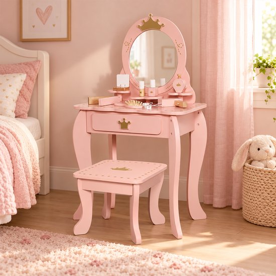Roze kinderkaptafel met gouden kroonversiering, ovale spiegel en bijpassend krukje in een lichte kamer.