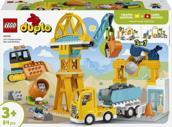 LEGO DUPLO 3-in-1 bouwplaatsset met gele kraan, vrachtwagen en graafmachine voor kinderen vanaf 3 jaar.