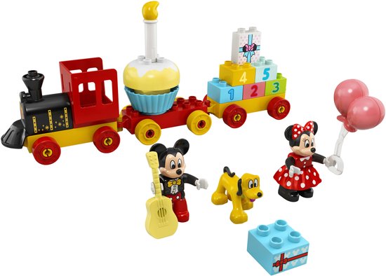 LEGO DUPLO verjaardagstrein met Mickey, Minnie, Pluto, genummerde blokken en een cupcake-wagen.