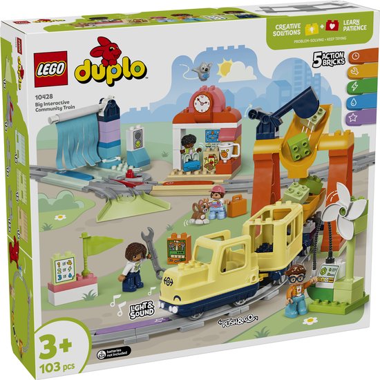 Verpakking van LEGO DUPLO Grote interactieve buurttrein met treinset, figuren en 5 actiestenen.