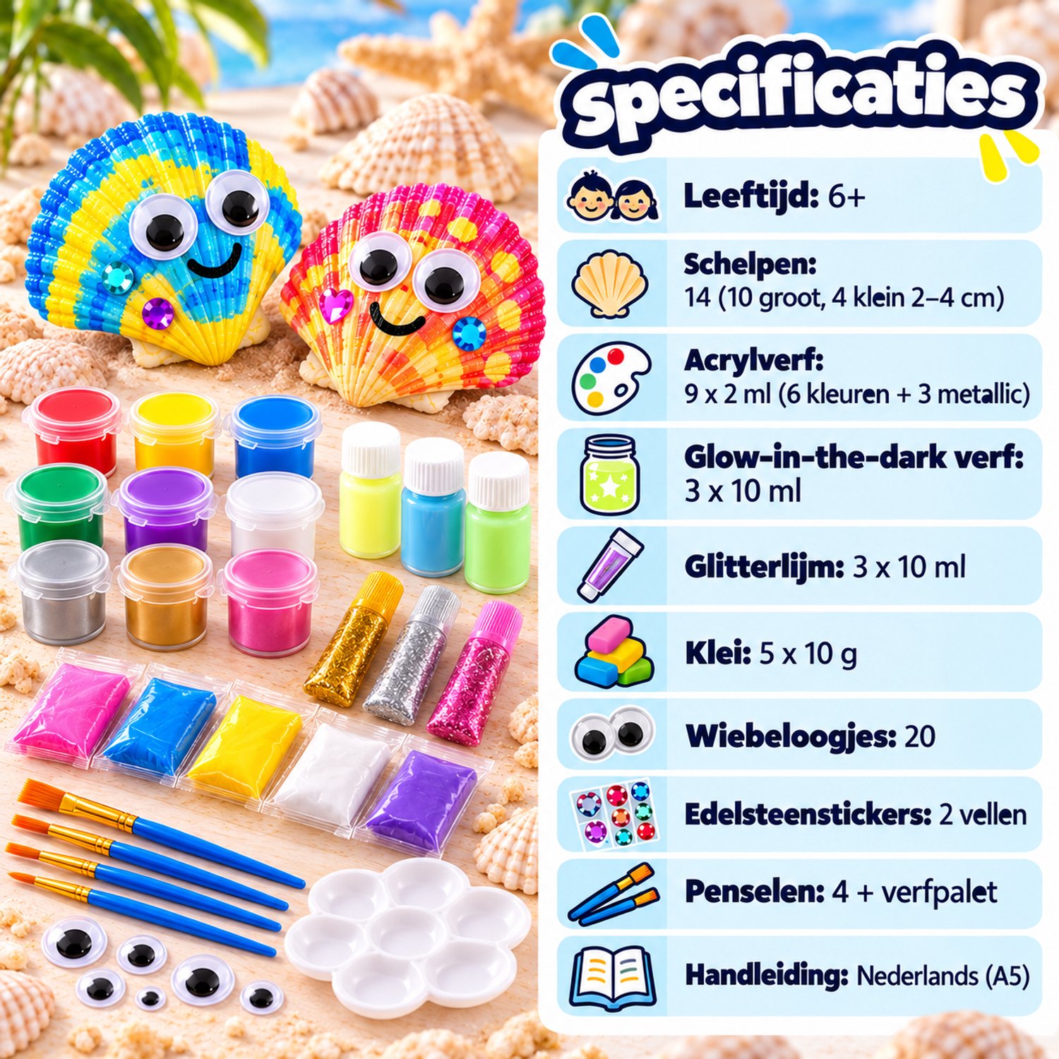 Twenty4seven® Schelpen Schilderen Set - 14 Schelpen met 9 Acrylverf Potjes - Glow in the Dark - Knutselpakket & Knutselset Kinderen - Penselen, Klei & Stickers — afbeelding 8