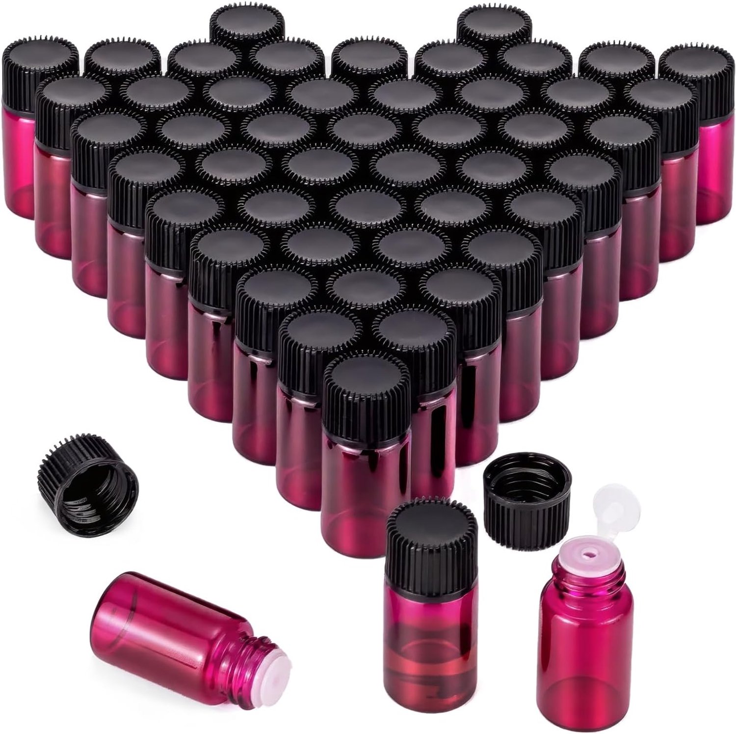 50 stuks draagbare mini-glazen flessen van 2 ml, monsterflessen met siamese stop en zwarte fijne korrelafdekking, roze - Luxento
