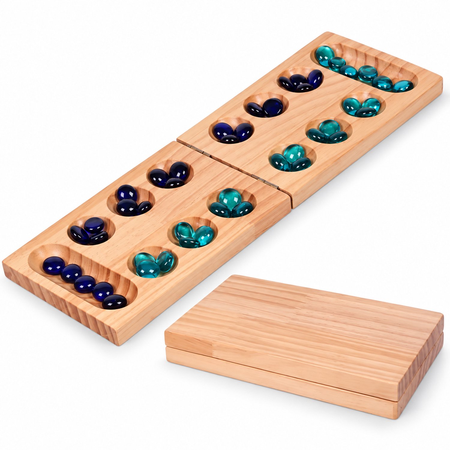 Flero Kalaha Spel, Houten Stenenspel met Stenen, Mancala, Hus Spel, Edelstenenspel, Strategiespellen, Opvouwbaar Houten Bord en Mooie Kleurrijke Stenen (Standaard) - Montessori Strategiespel, Denkspel, Familiespel, Reisspel, Origineel Cadeau