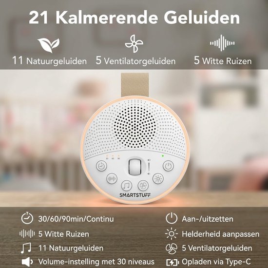 SmartStuff White Noise Machine Baby – Draagbaar Witte ruis slaapapparaat met 21 rustgevende geluiden, nachtlampje en timer – Oplaadbaar – Wit — afbeelding 4