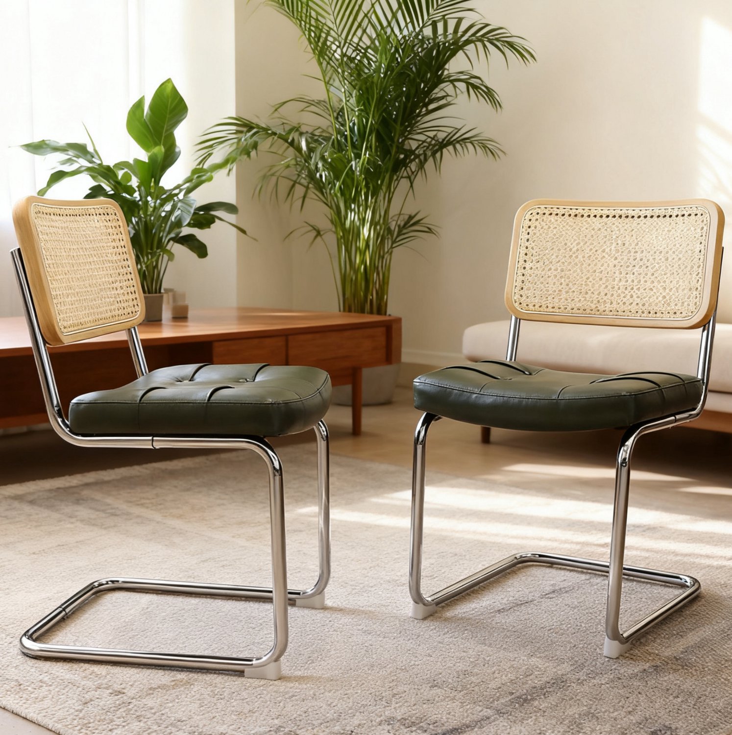 WUVRIE Eetkamerstoelen set van 4 - Kunstleren zitting en rotan rugleuning - Groen