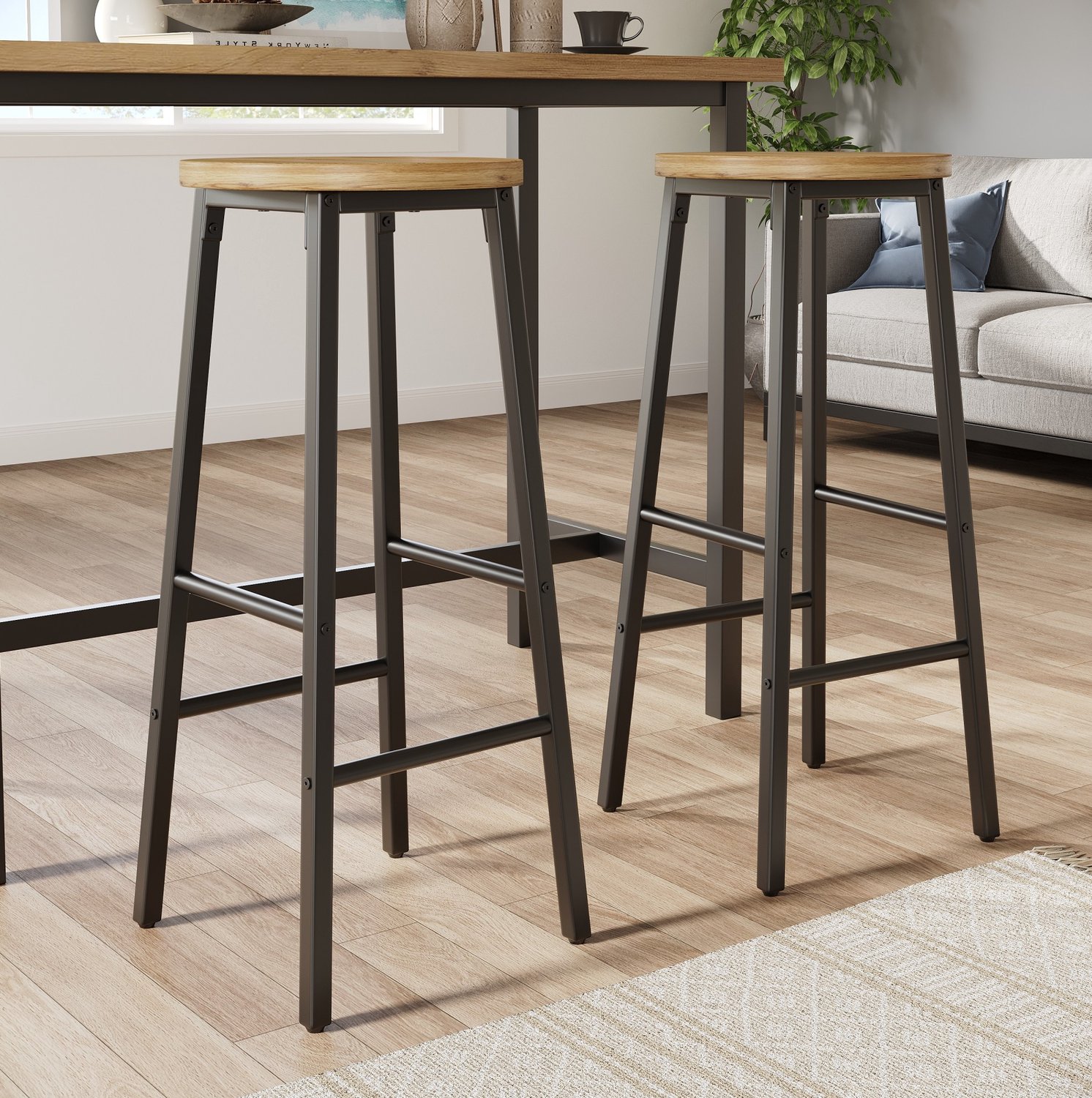 WUVRIE Set van 2 barkrukken 70 cm - MDF zitting, dubbele voetensteun en verstelbare voeten - Zwart