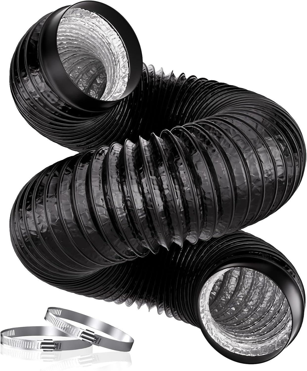 Krachtige Afvoerslang 100 mm, 3 m, PVC Aluminium Buizen, Inclusief 2 Slangklemmen voor Afzuigkap, Ventilator en Droger, Zwart