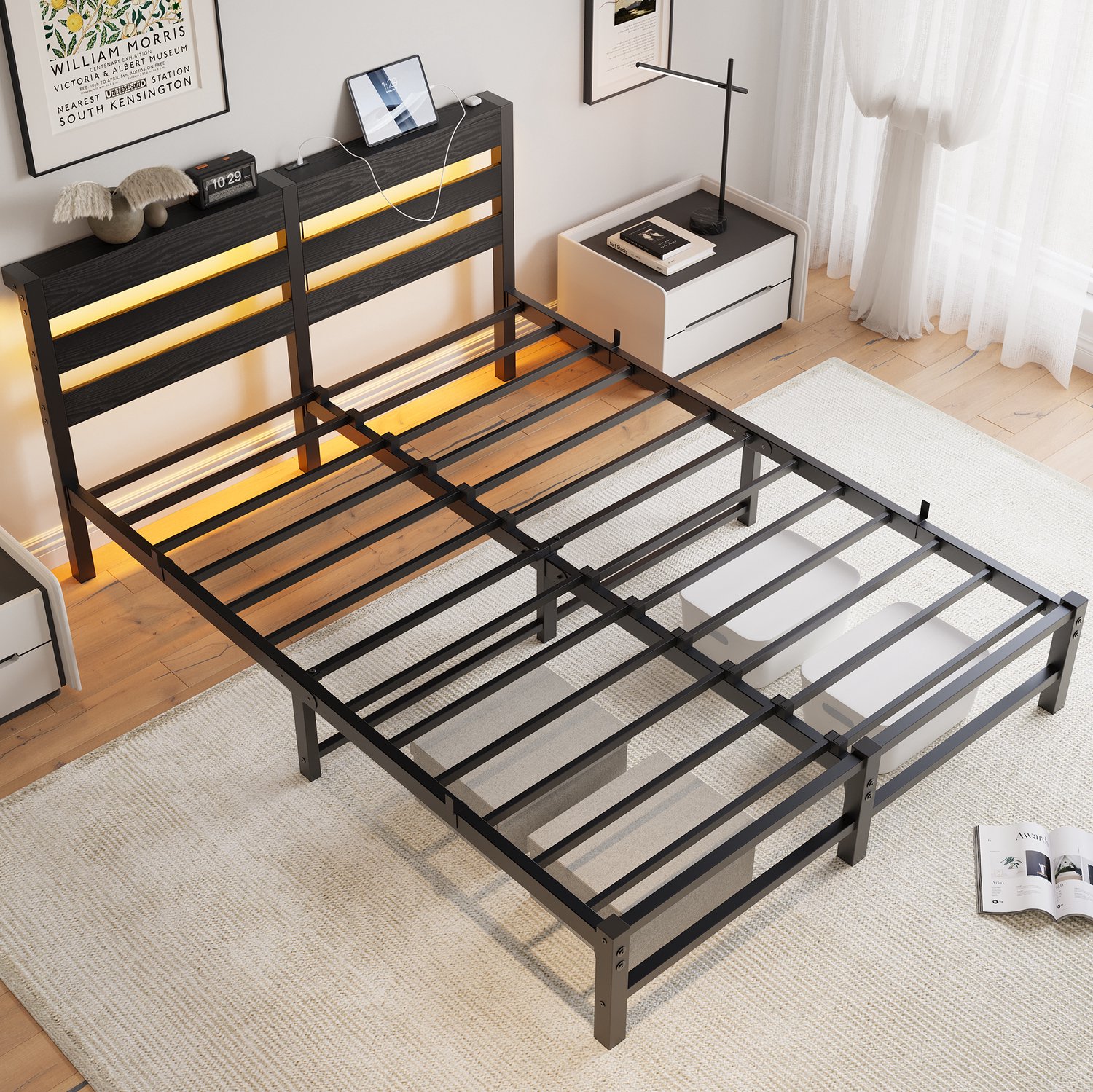 CHICFURN Metalen bedframe 140 x 190 cm - RGB-ledverlichting - 2 USB-poorten - zwart