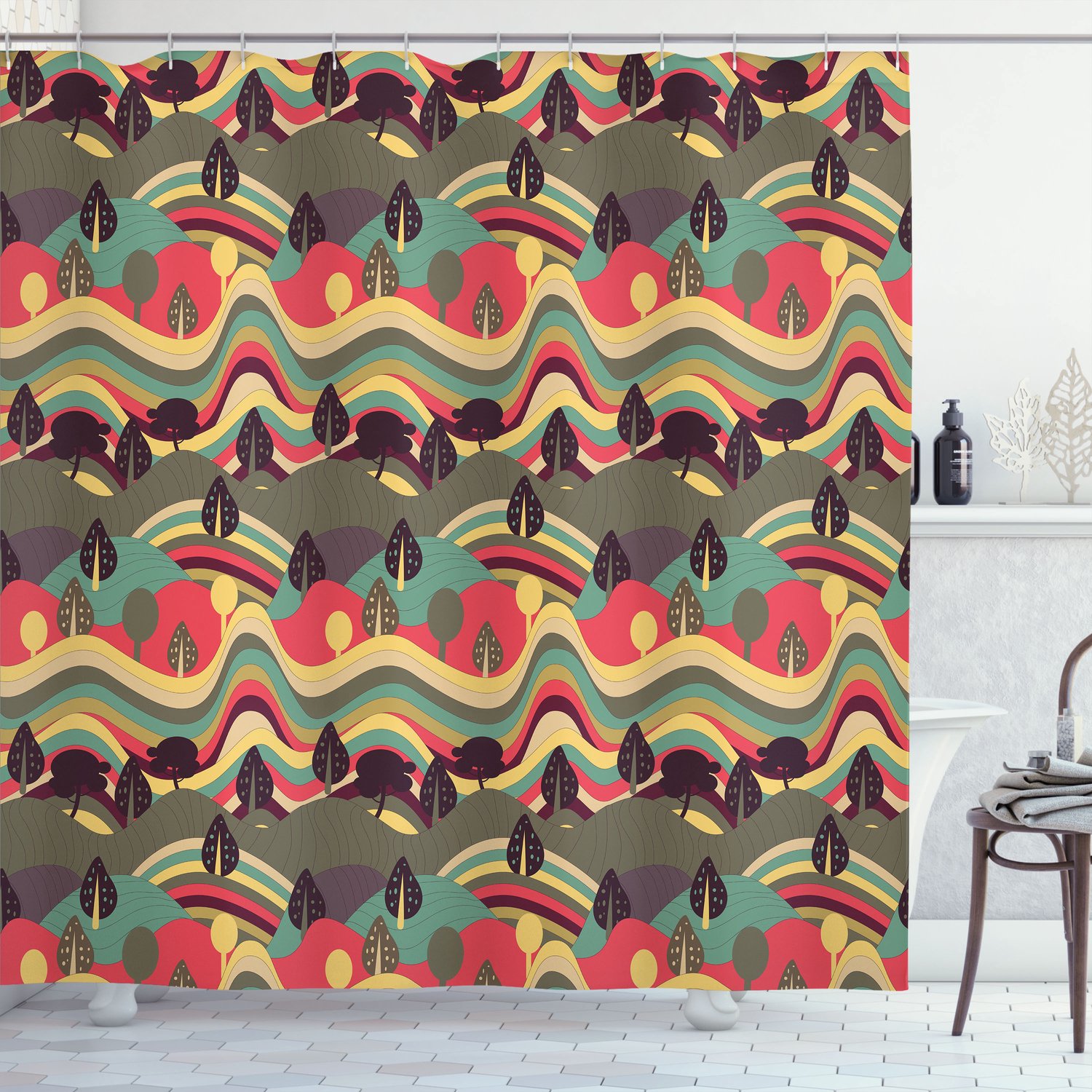 ABAKUHAUS Psychedelisch Douchegordijn, Landschap met Abstracte Bomen en Gestreepte Heuvels in Retrostijl, Stoffen Badkamerdecoratieset met Haken, 175 B x 200 L, Meerkleurig