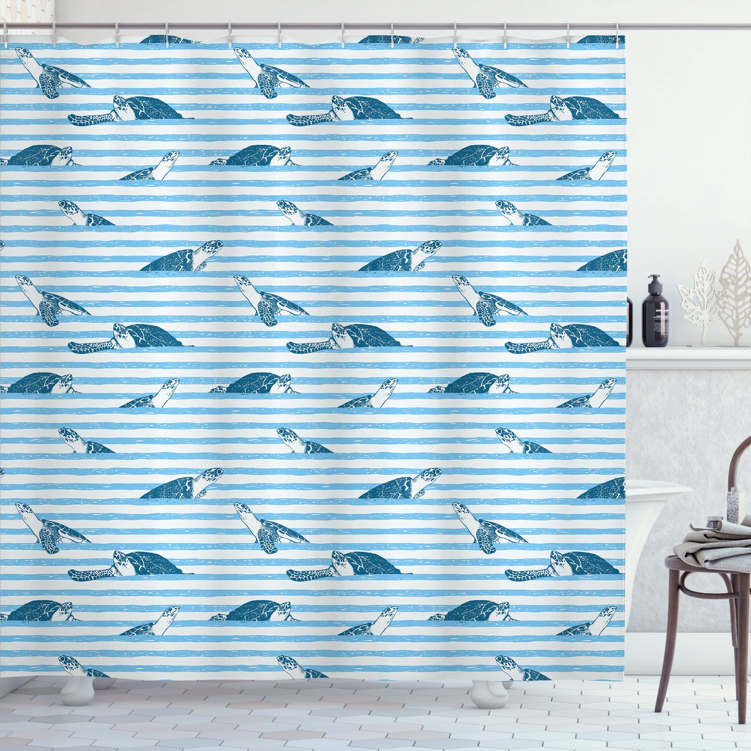 ABAKUHAUS Gestreift Douchegordijn, Turtle Zeeblauw Aquatic, Stoffen Badkamerdecoratieset met Haken, 175 x 200 cm, Zeeblauw