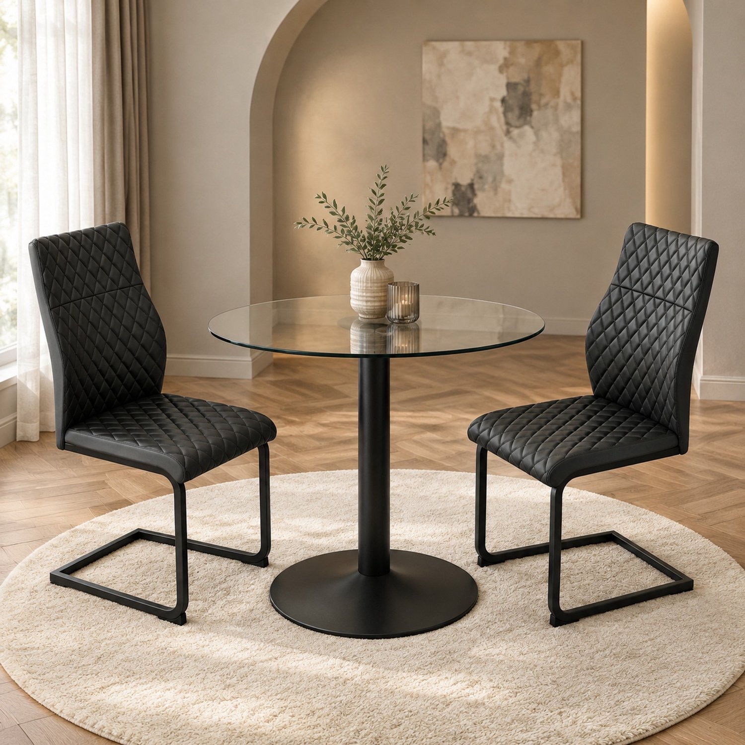 WUVRIE Ronde glazen eettafel Ø85 cm met 2 stoelen - Hoge rugleuning en ruitstiksel - Zwart/transparant