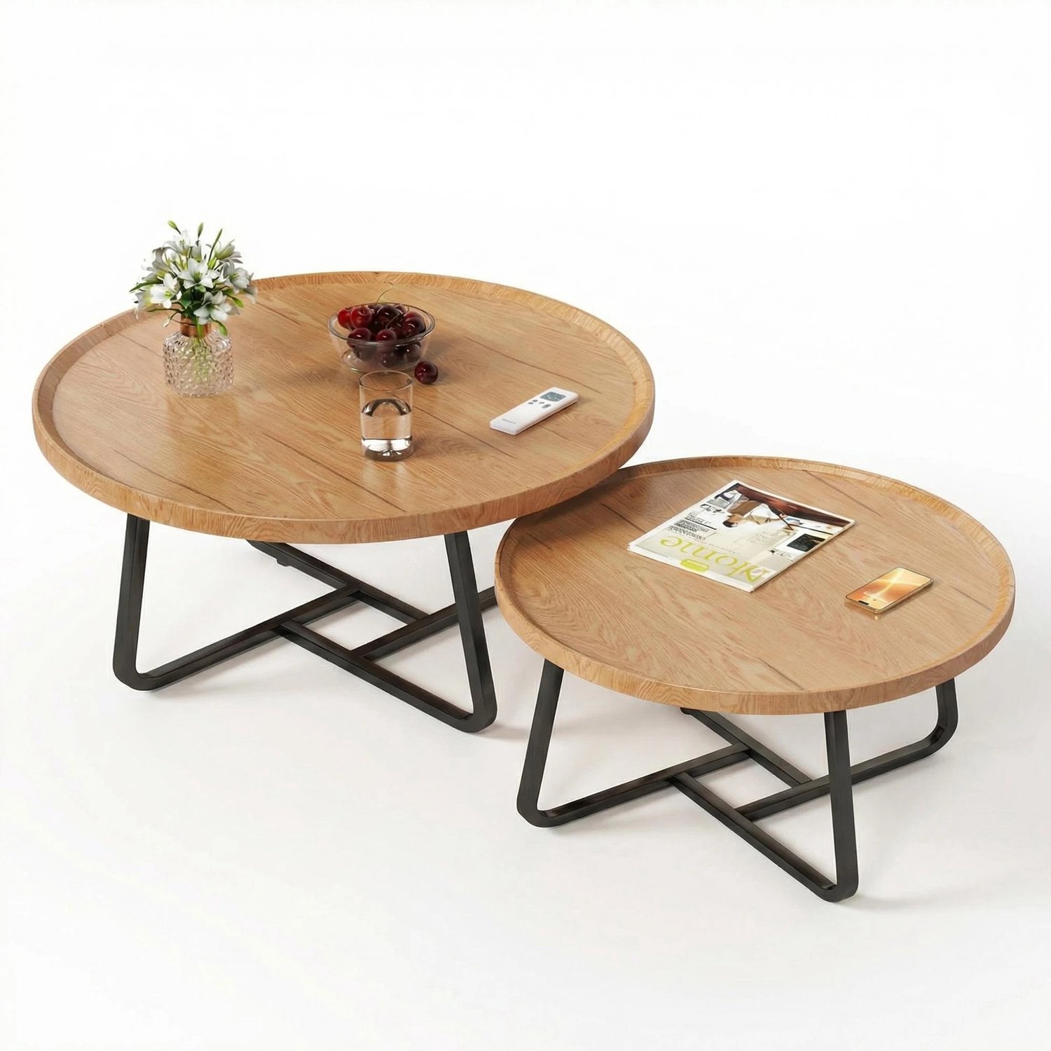 VILIMA - Salontafels - Salontafelset - Set van 2 salontafels - 80 cm en 60 cm - Rond - Metalen frame - Stevig en stabiel - Zwart - Naturel hout