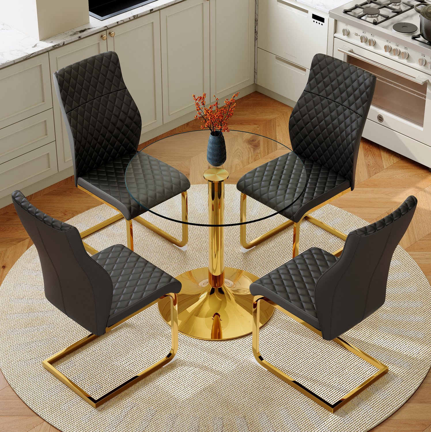 WUVRIE Eettafelset met ronde glazen tafel Ø85 cm - 4 zwarte PU-stoelen - Zwart/goud/transparant