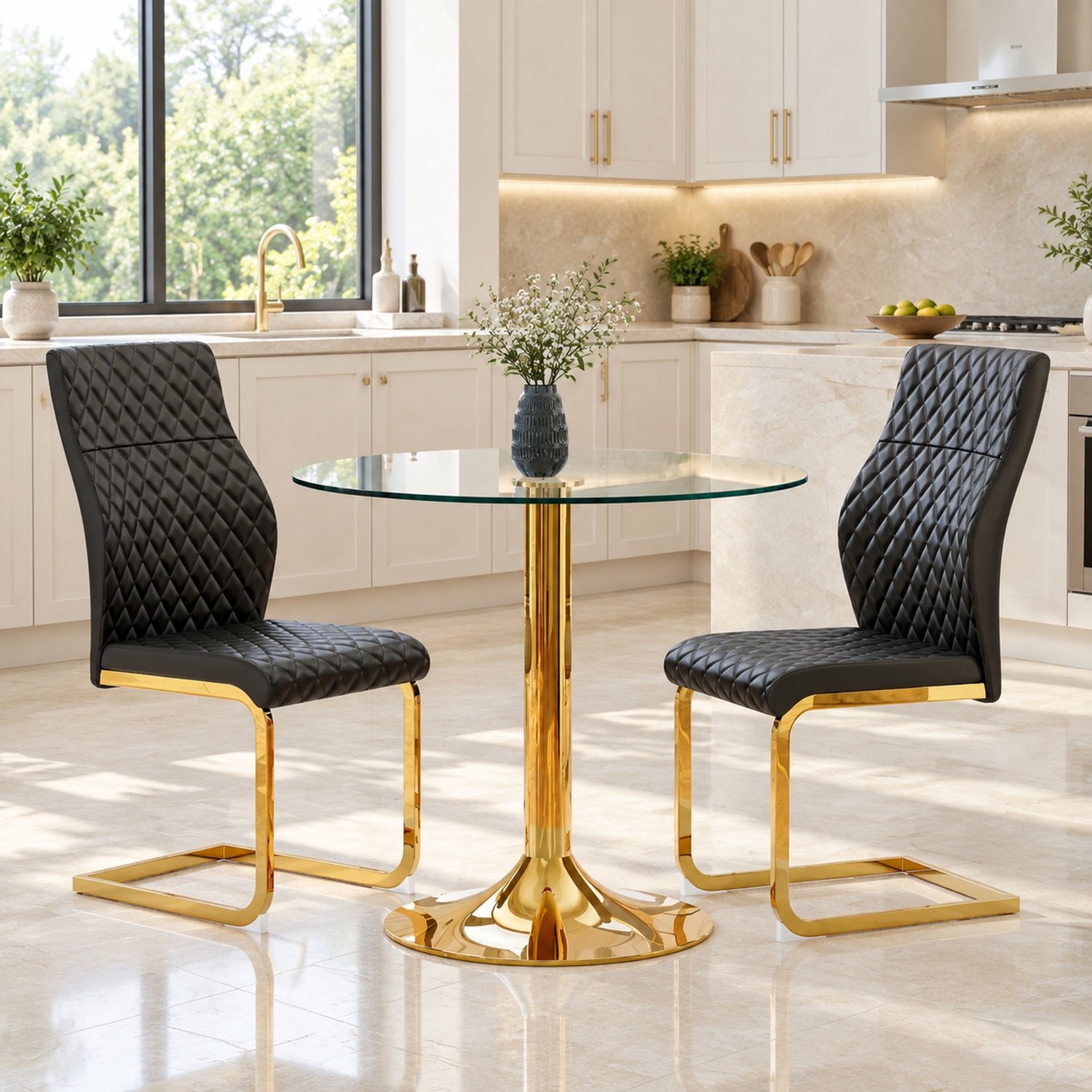 WUVRIE Ronde eettafelset Ø 85 cm - Gehard glazen tafel met 2 stoelen - Zwart/goud en transparant