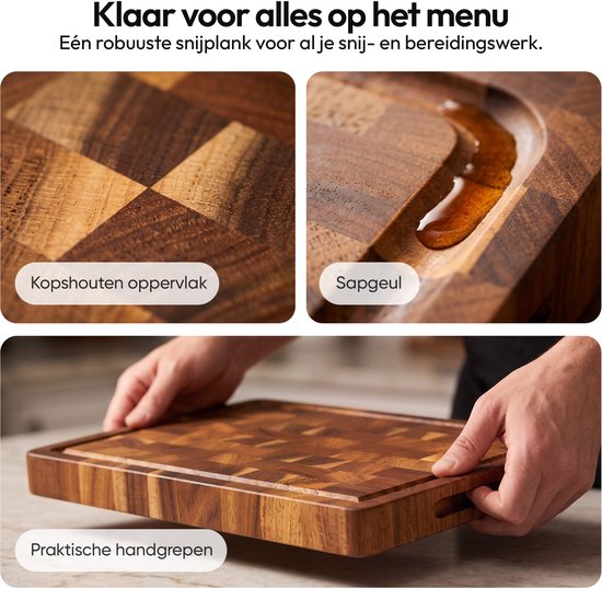 Aviro Professionele Snijplank - Acacia Hout - Sapgeul & Handvaten - Anti-Slip Borrelplank - 38x26x3.5 cm - PFAS-vrij - Hakblok Kopshout — cadeau in Kookcadeaus - foto 3