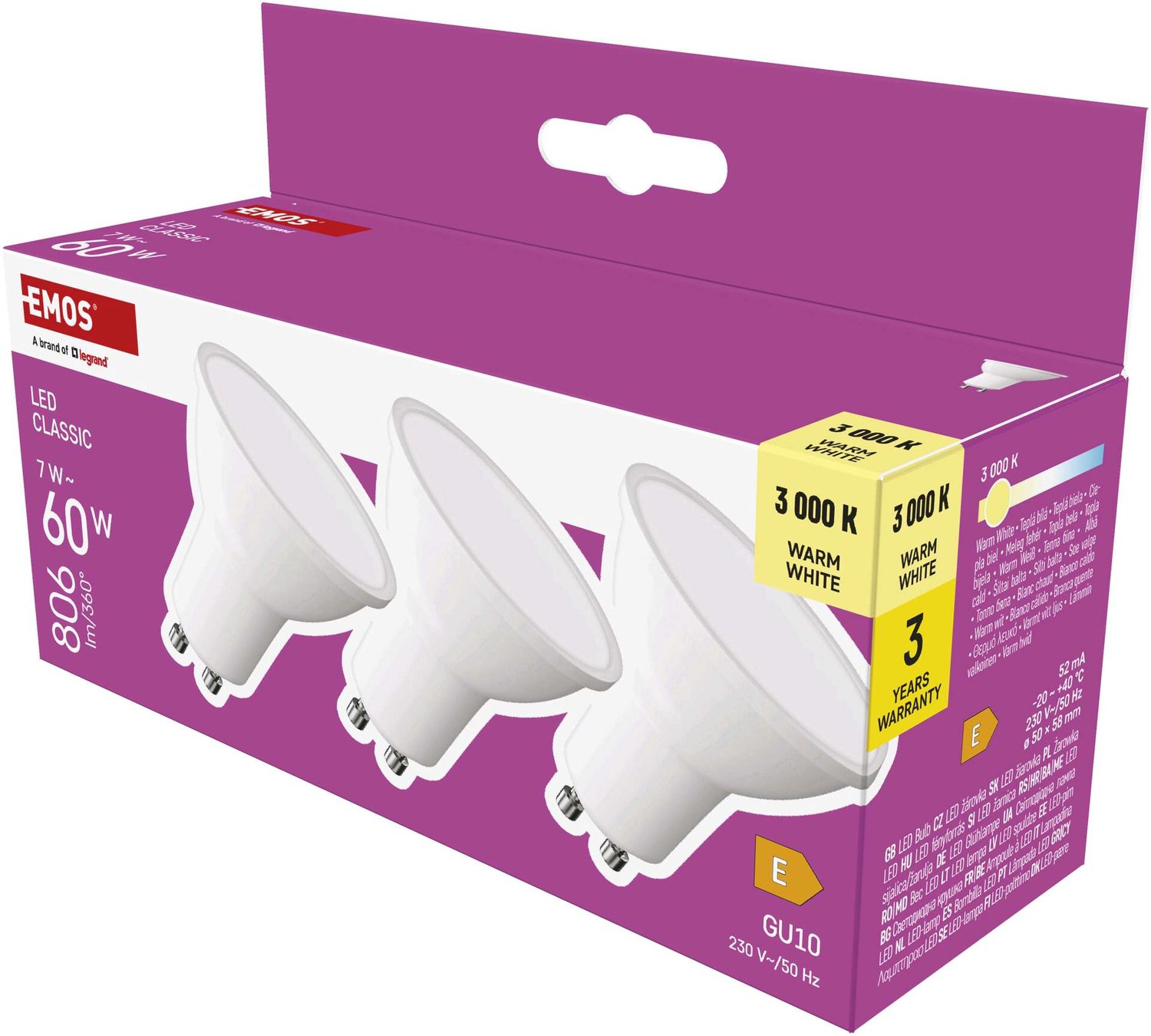 EMOS LED-lamp Classic MR16 / GU10 / 7 W (60 W) / 806 lm / warm wit / 3 stuks, ZQ8E42.3