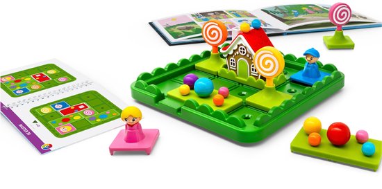 SmartGames Hans & Grietje spel met speelbord, huisje, figuurtjes, lolly's en opdrachtenboekje.