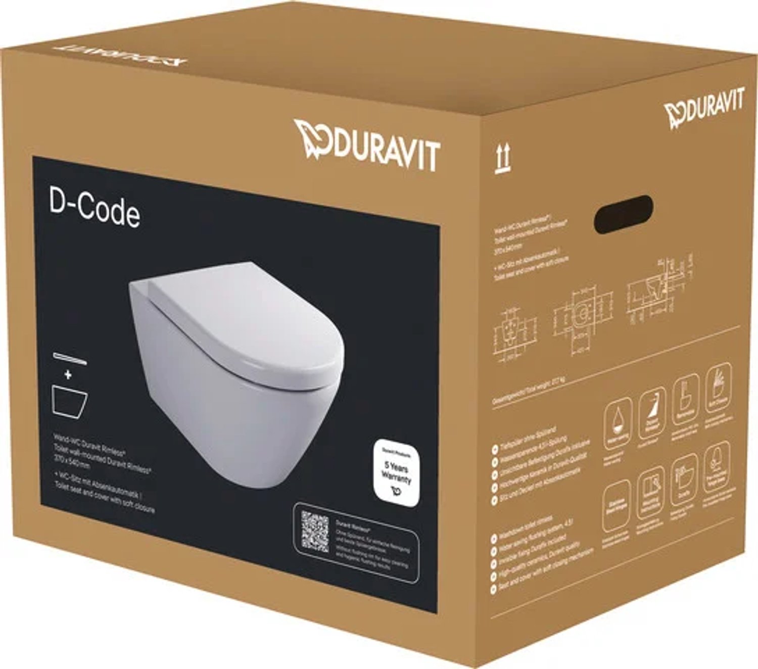 Duravit DU D-Code wand-wc-set, Durafix, Rimless, incl. zitting voorgemonteerde scharnieren, wit, 49030900B2
