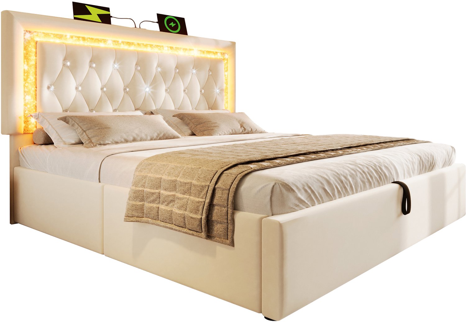 Gestoffeerd Bed 160x200 Met Matras - Hydraulisch Opbergbed Met Lattenbodem - LED-Hoofdbord Met USB En USB-C - Beige Fluweel