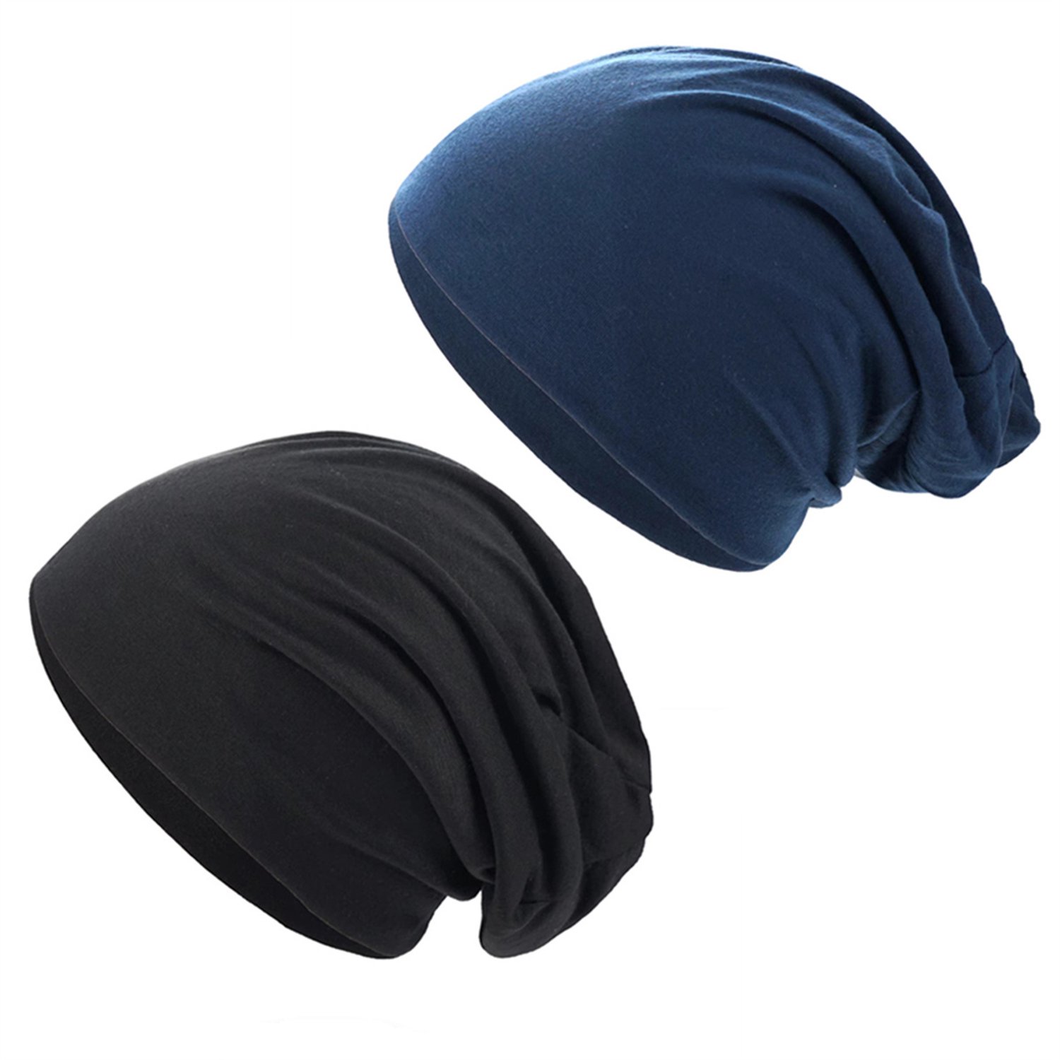 2-delige Slouchy Beanie Muts - voor Dames en Heren - Trendy Elastische Mut - Zachte Lichtgewicht Chemo Muts - Slaapmuts - Sportpet - Alle Seizoenen - Zwart + Marineblauw